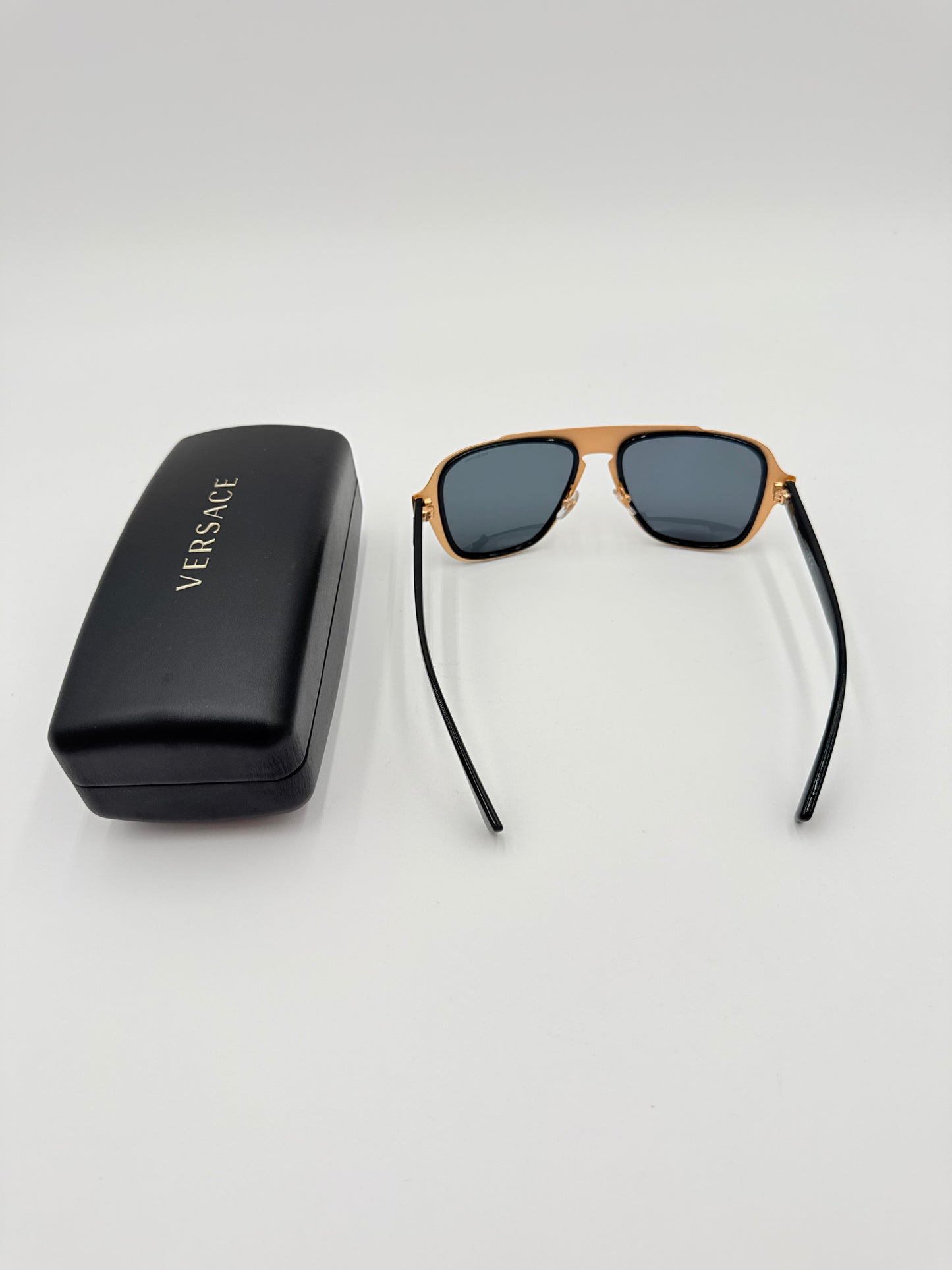 Sunglasses Luxury Designer By Versace In Black & Gold, Size: