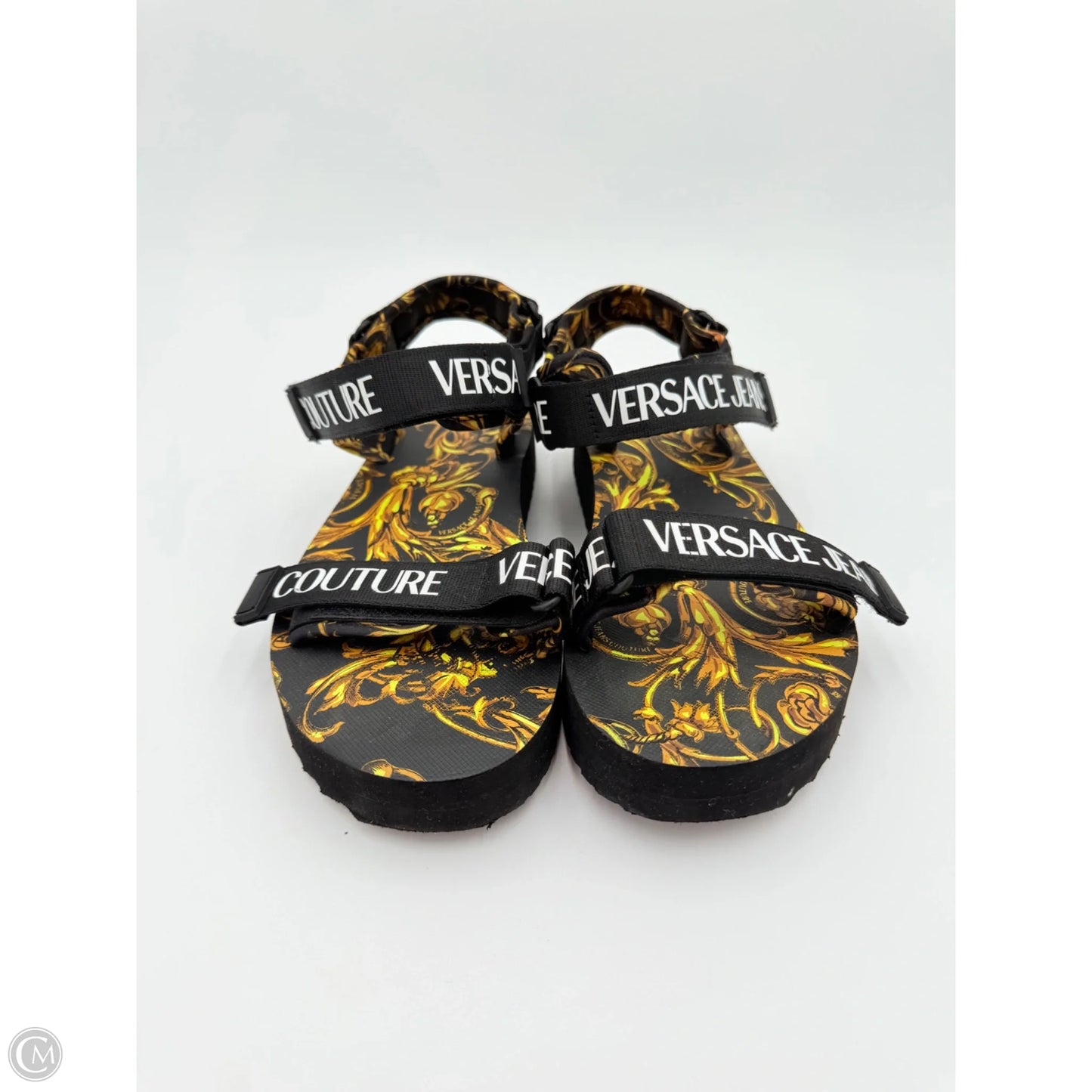 Sandals Luxury Designer By Versace In Black & Yellow, Size: 8.5