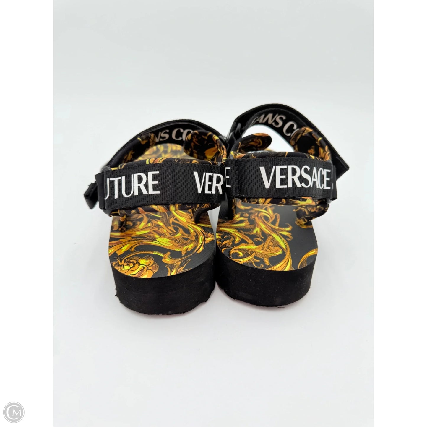Sandals Luxury Designer By Versace In Black & Yellow, Size: 8.5