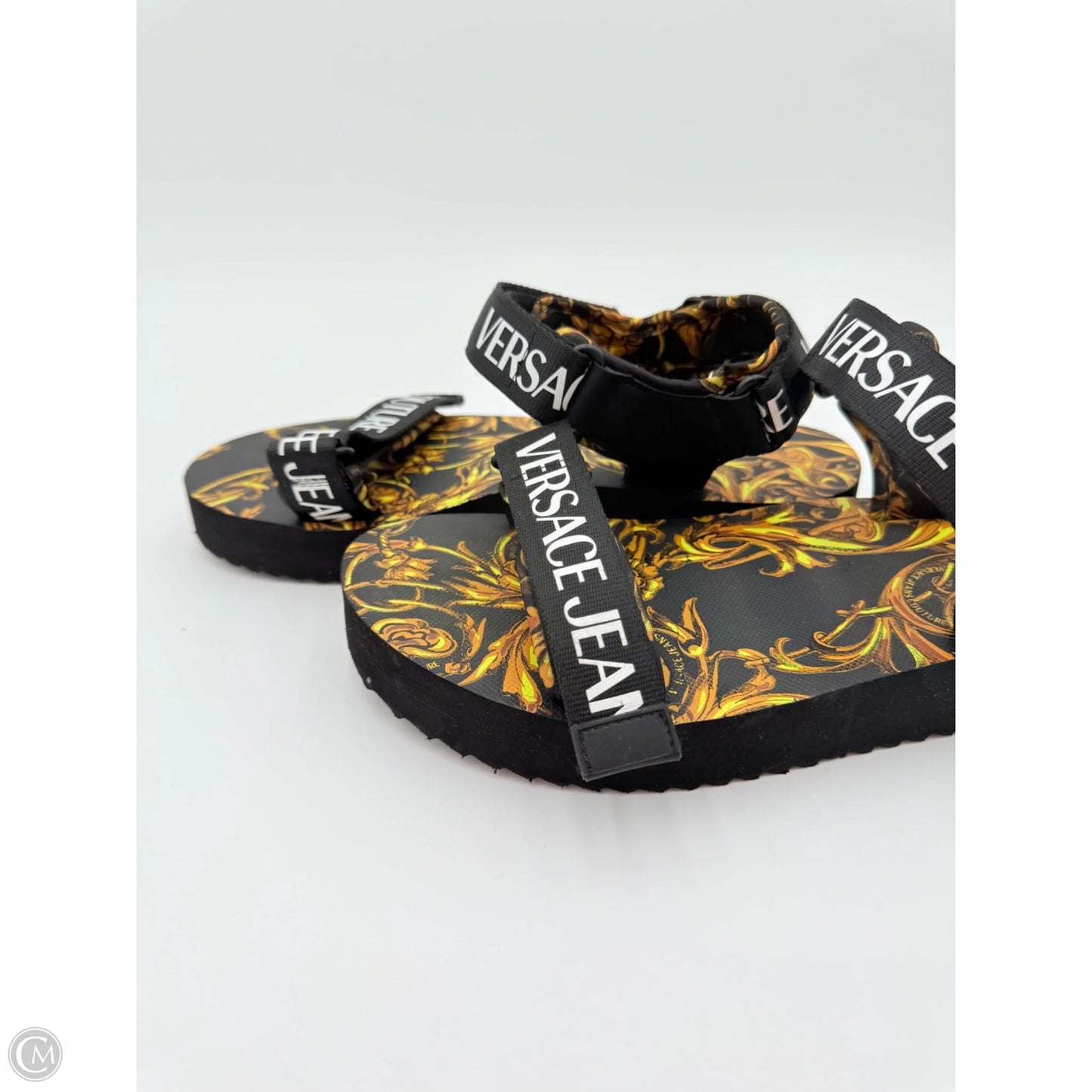 Sandals Luxury Designer By Versace In Black & Yellow, Size: 8.5