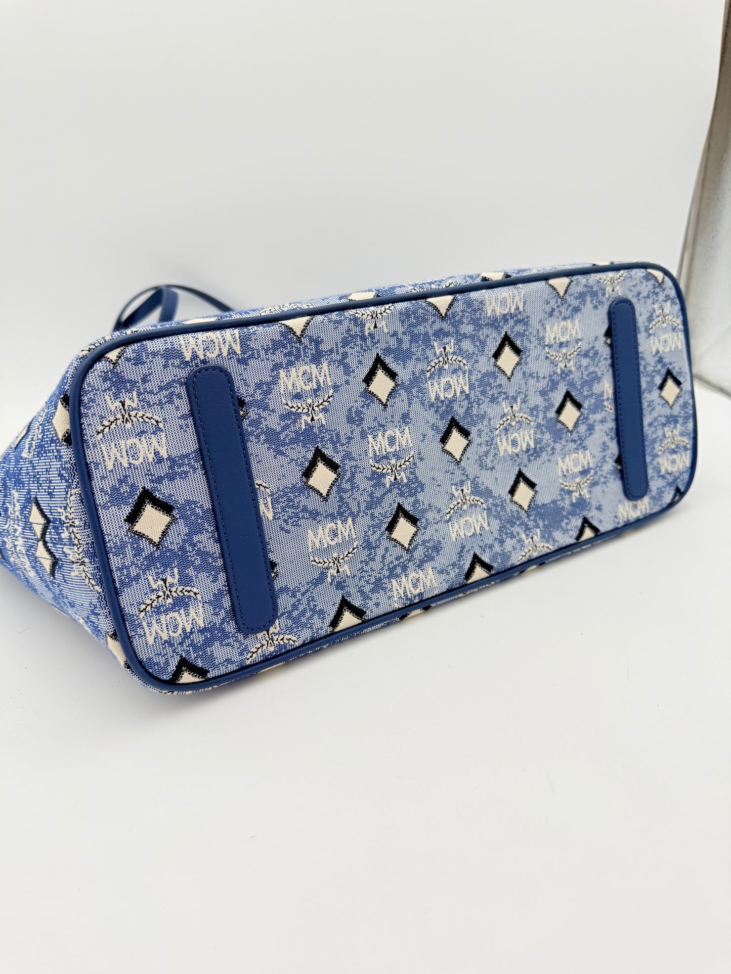 Handbag Luxury Designer By Mcm In Blue & White, Size:Large