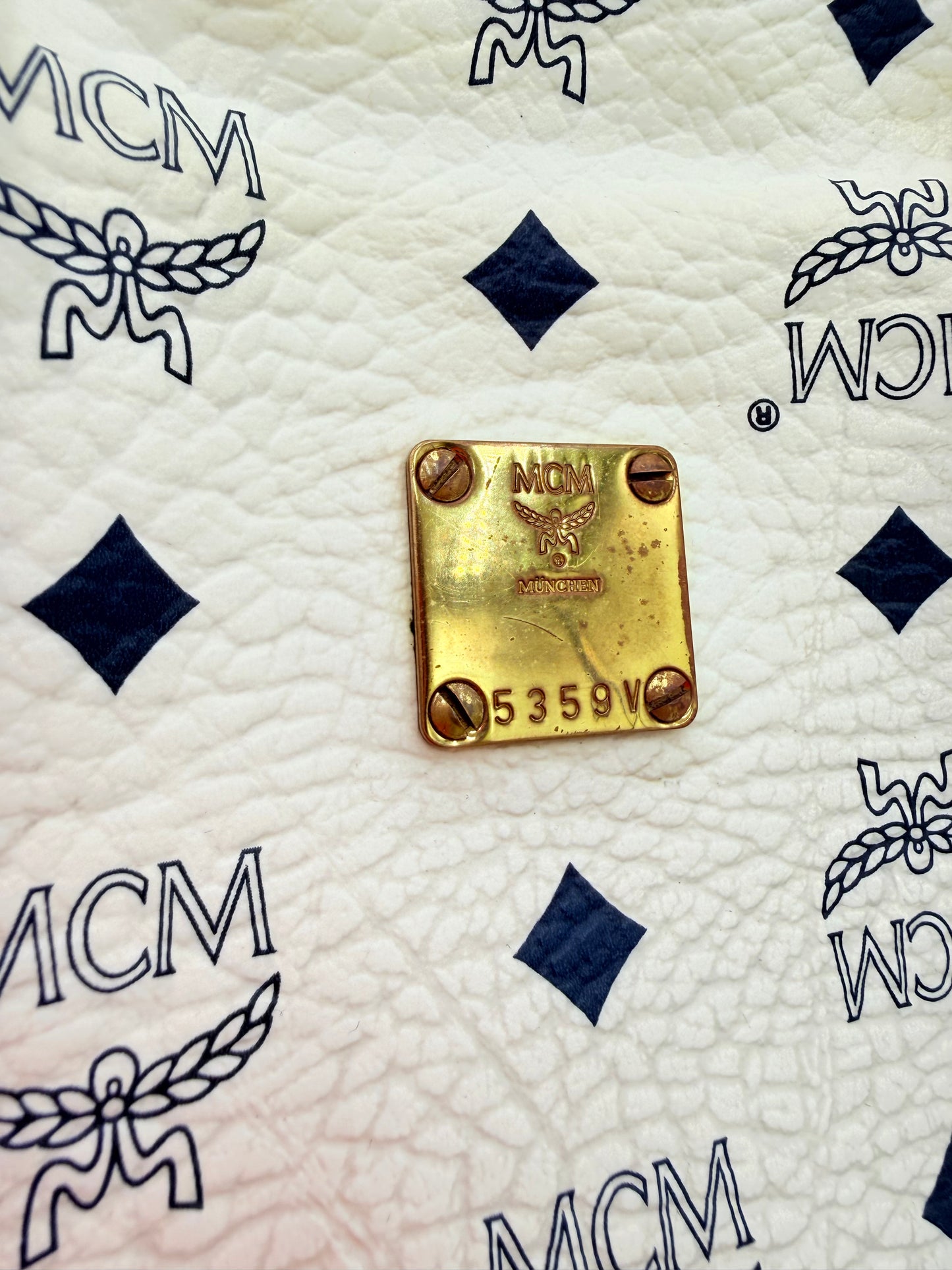 Handbag Luxury Designer By Mcm In White, Size:Medium
