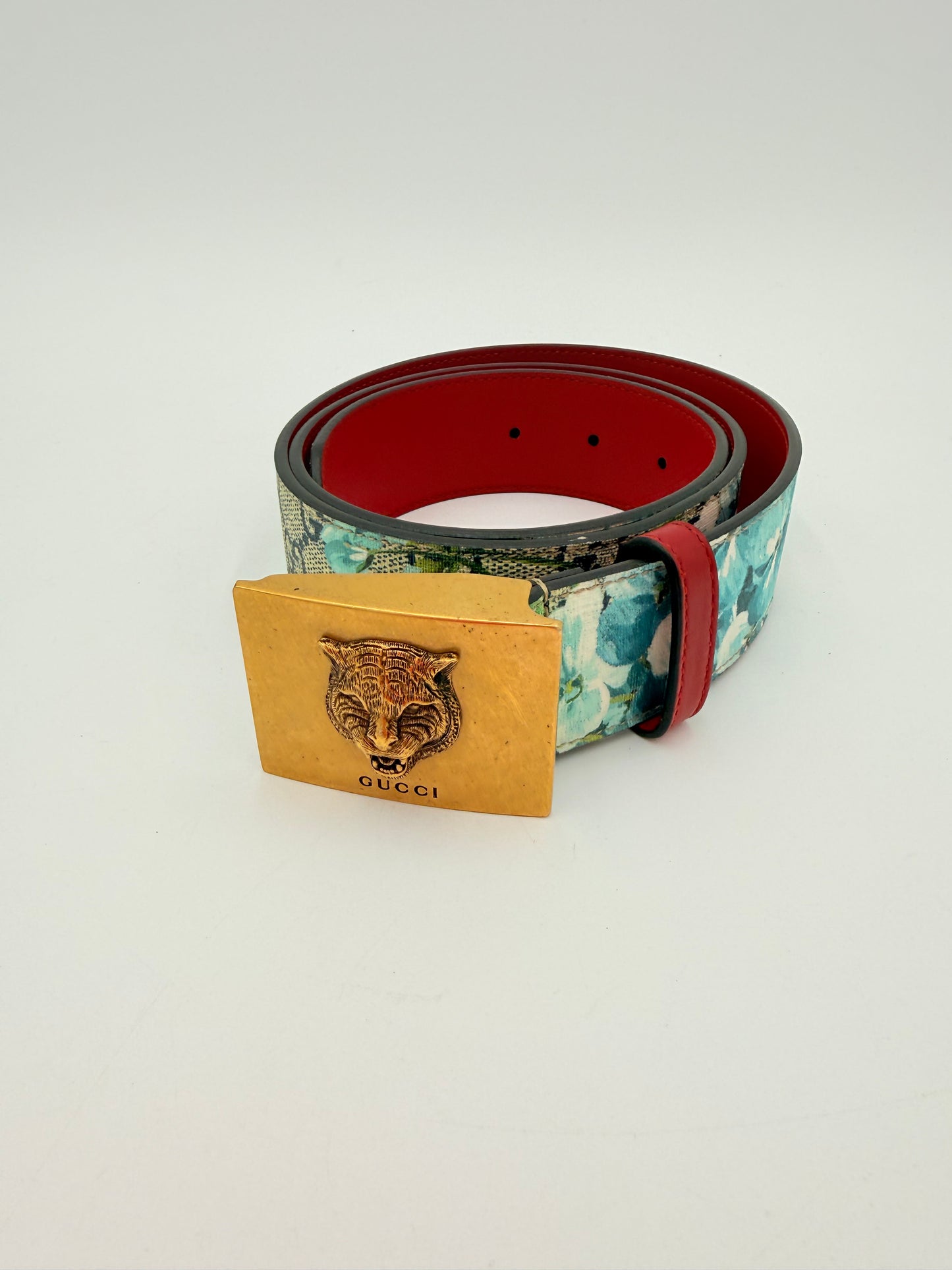 Belt Luxury Designer By Gucci In Blue & Tan, Size:Medium