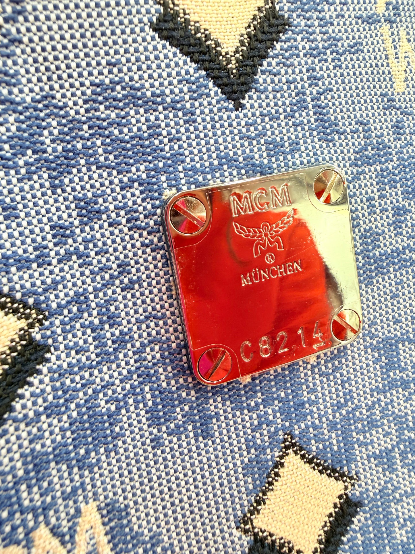 Handbag Luxury Designer By Mcm In Blue & White, Size:Large