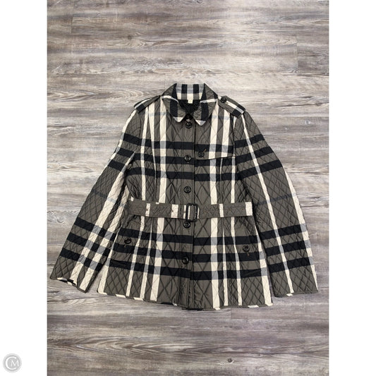 Coat Luxury Designer By Burberry In Black & Grey, Size: 12