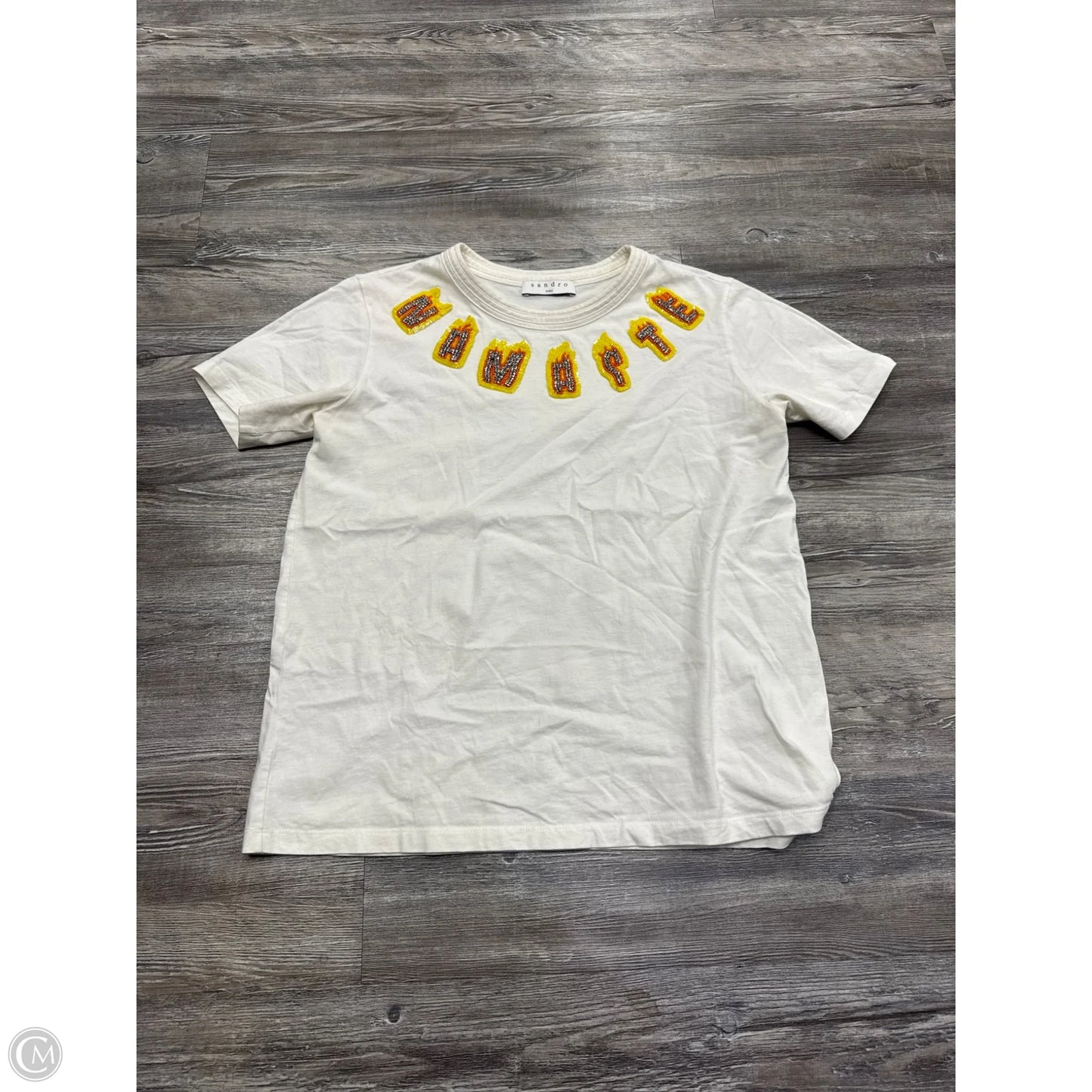 Top Short Sleeve Designer By Sandro In White & Yellow, Size: M