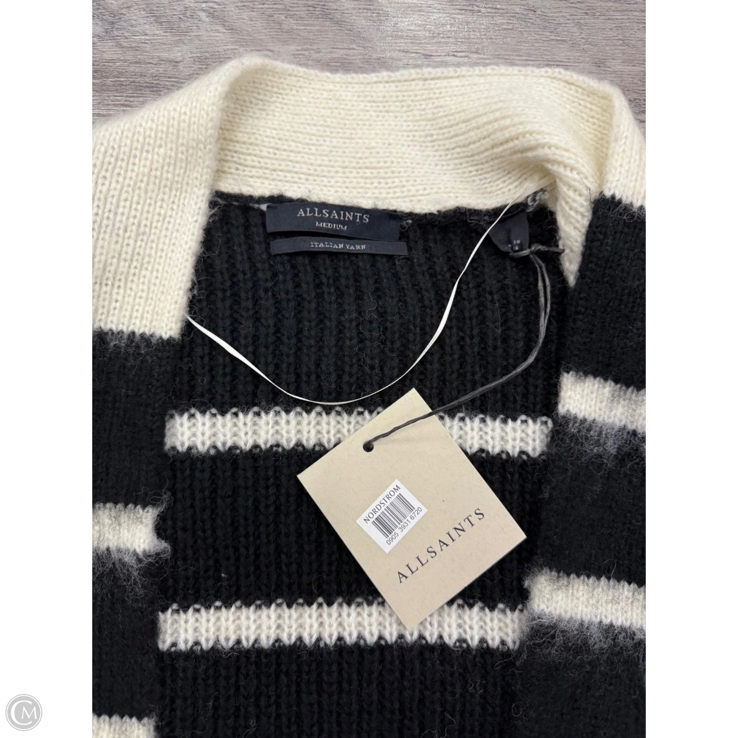 Sweater Cardigan Designer By All Saints In Black & Cream, Size: M