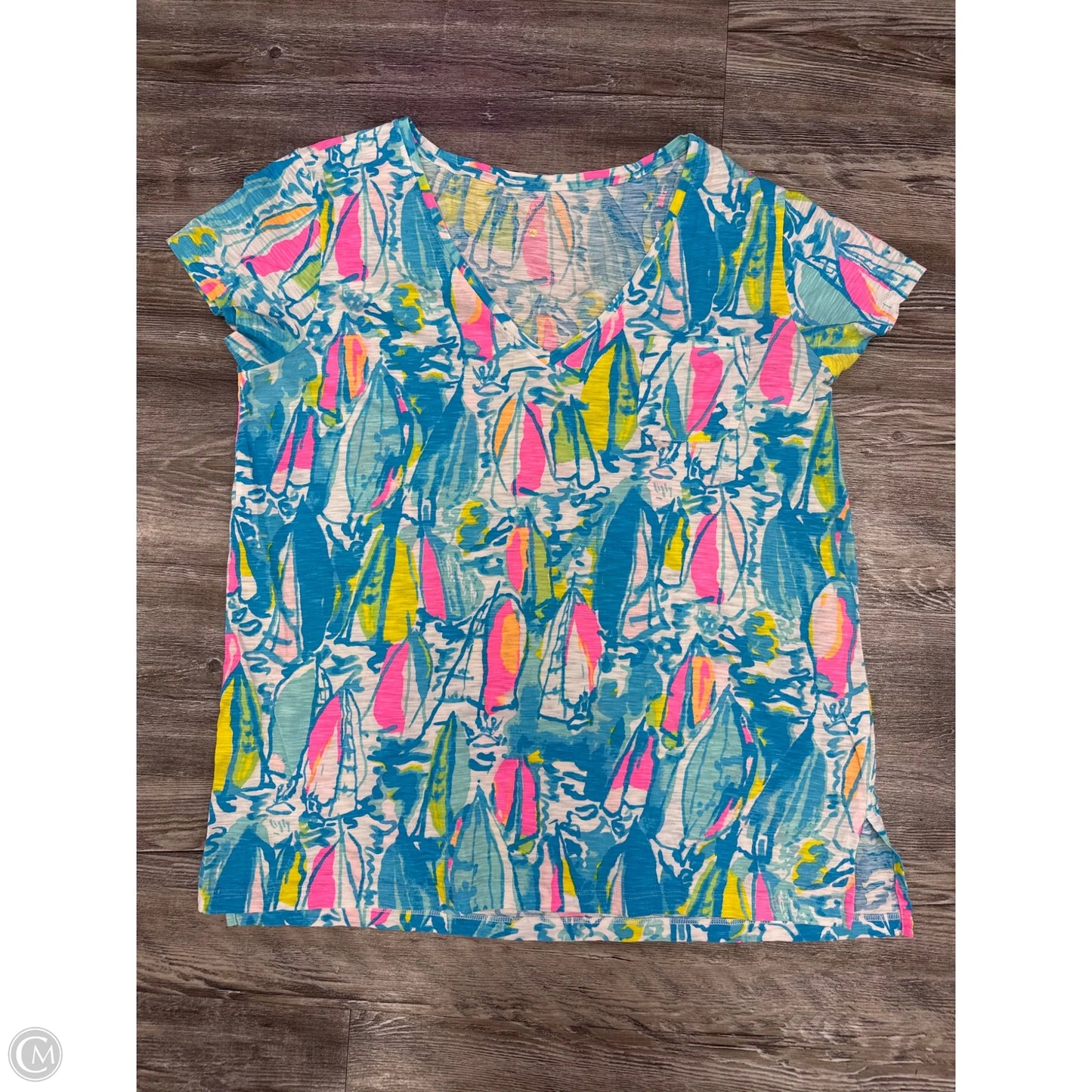 Top Short Sleeve Designer By Lilly Pulitzer In Blue & Pink, Size: L