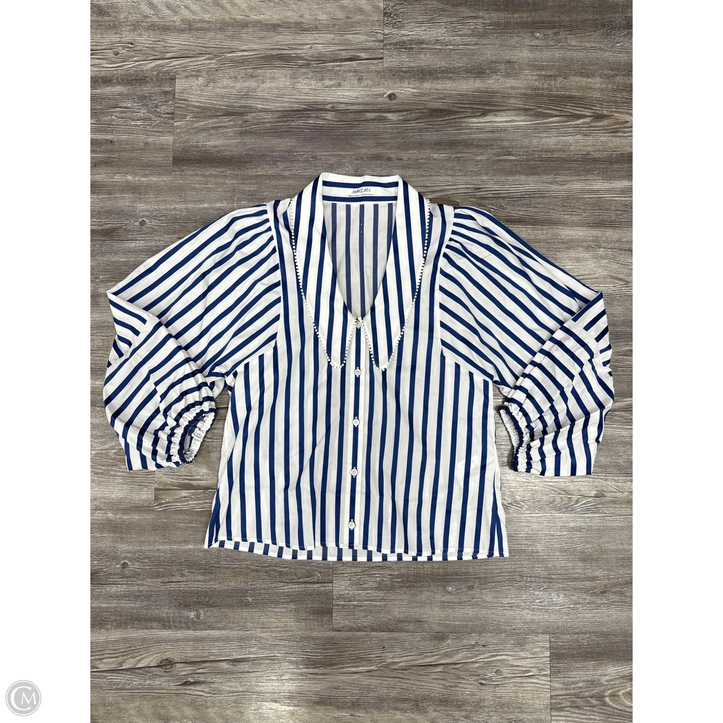 Top Long Sleeve By Marc Cain In Blue & White, Size: Xs