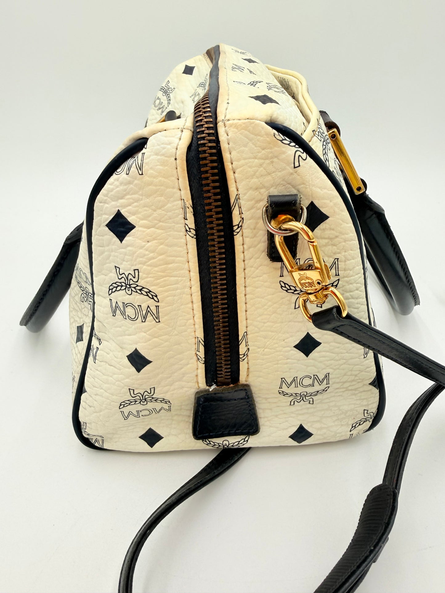 Handbag Luxury Designer By Mcm In White, Size:Medium