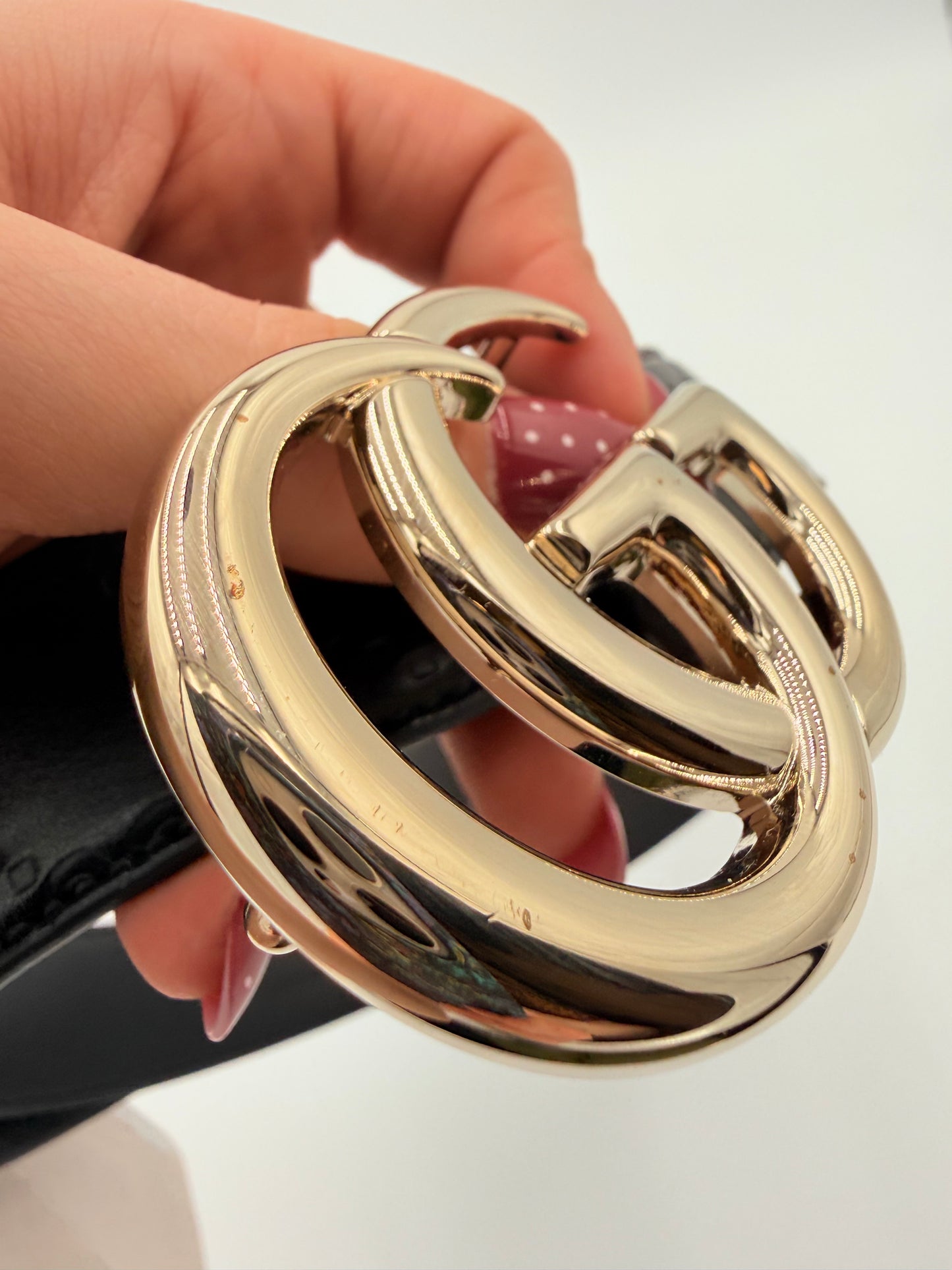 Belt Luxury Designer By Gucci In Black & Silver, Size: