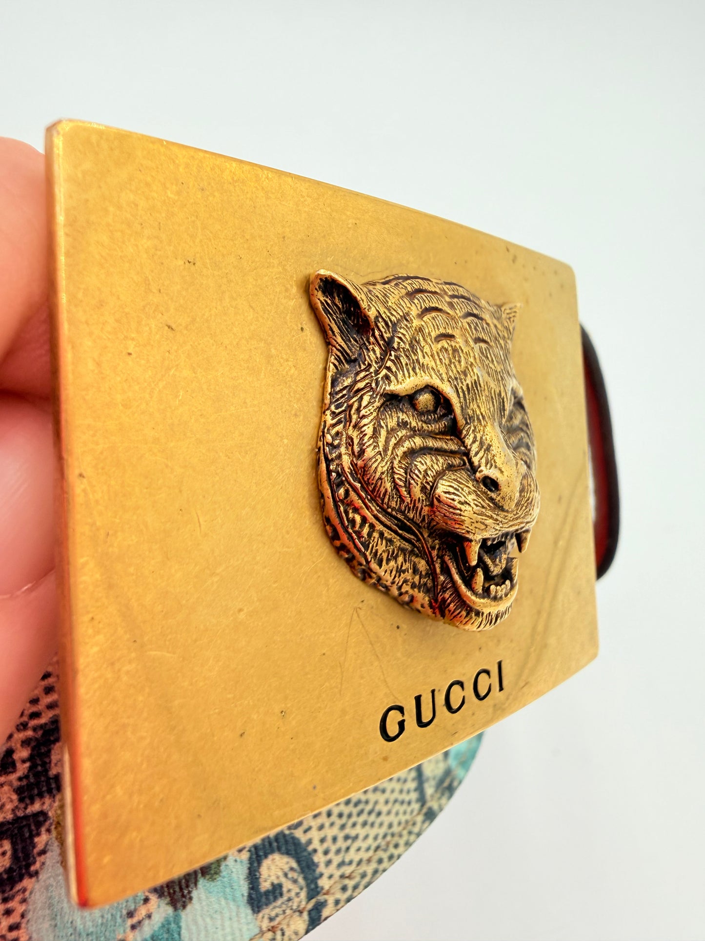 Belt Luxury Designer By Gucci In Blue & Tan, Size:Medium