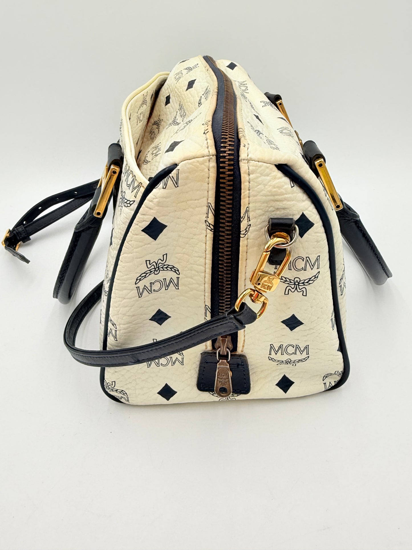 Handbag Luxury Designer By Mcm In White, Size:Medium