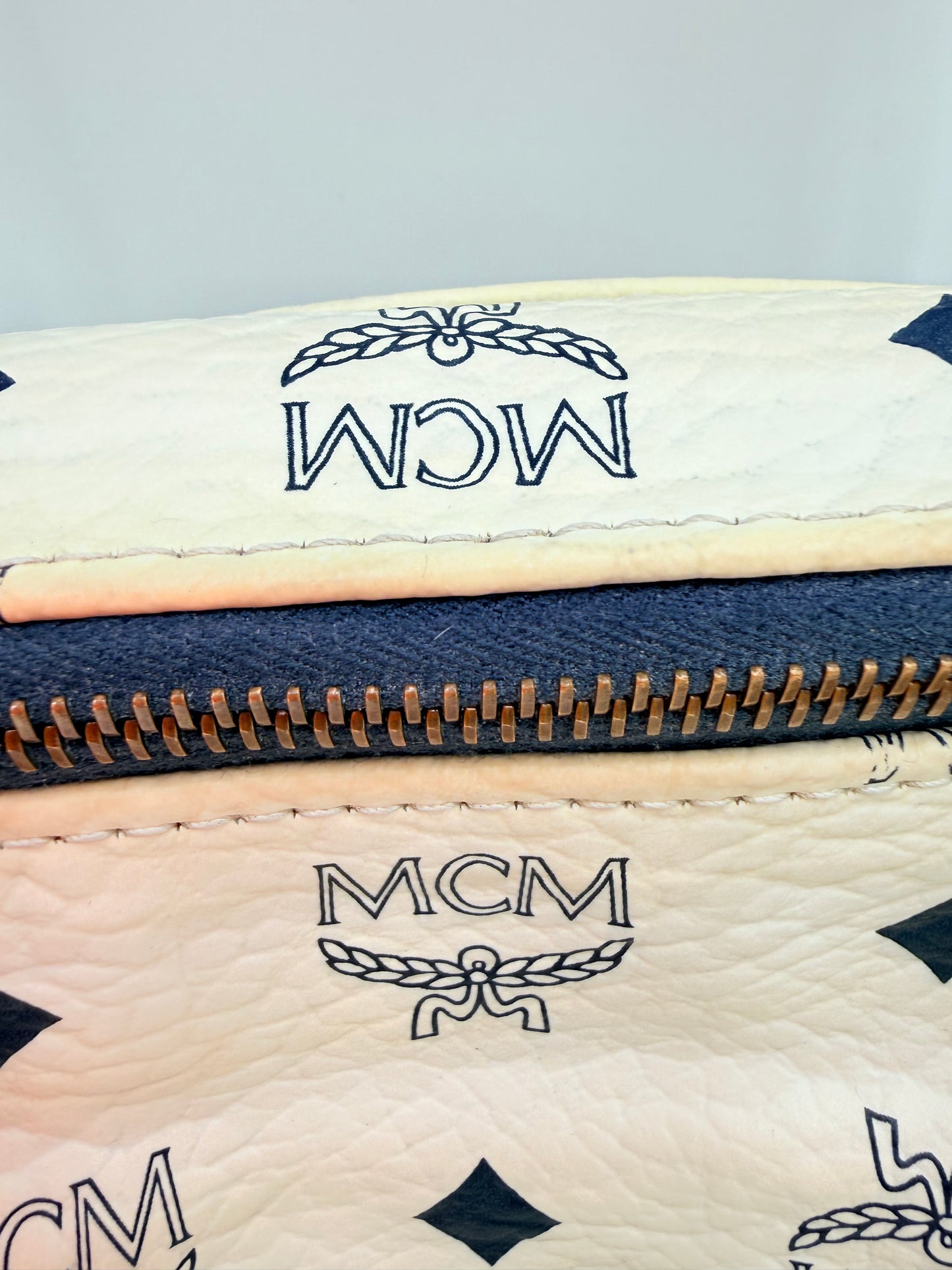 Handbag Luxury Designer By Mcm In White, Size:Medium
