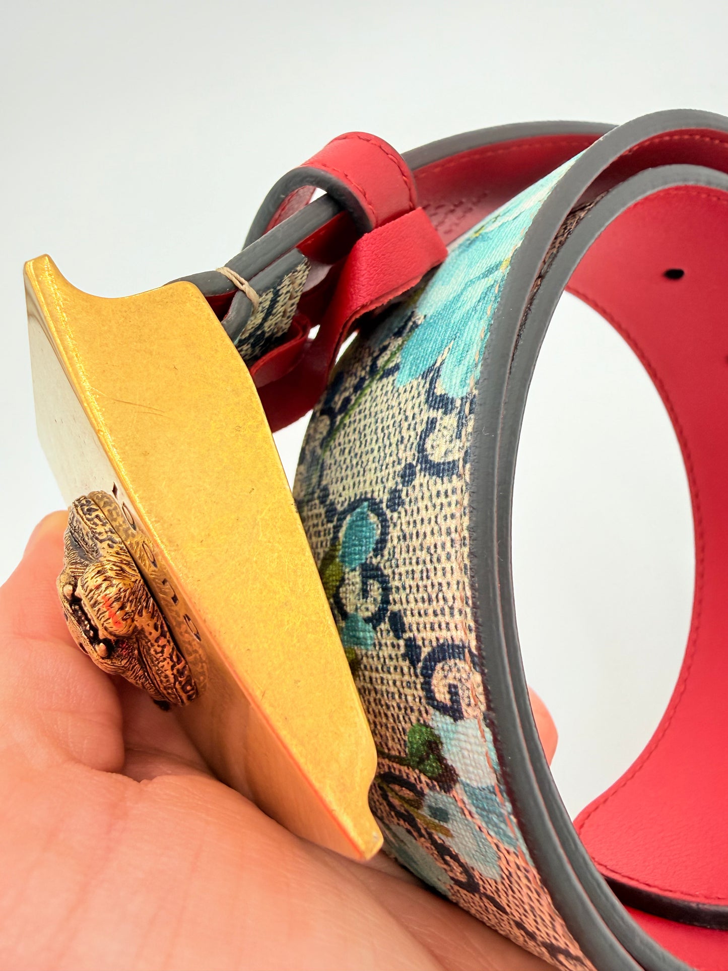 Belt Luxury Designer By Gucci In Blue & Tan, Size:Medium