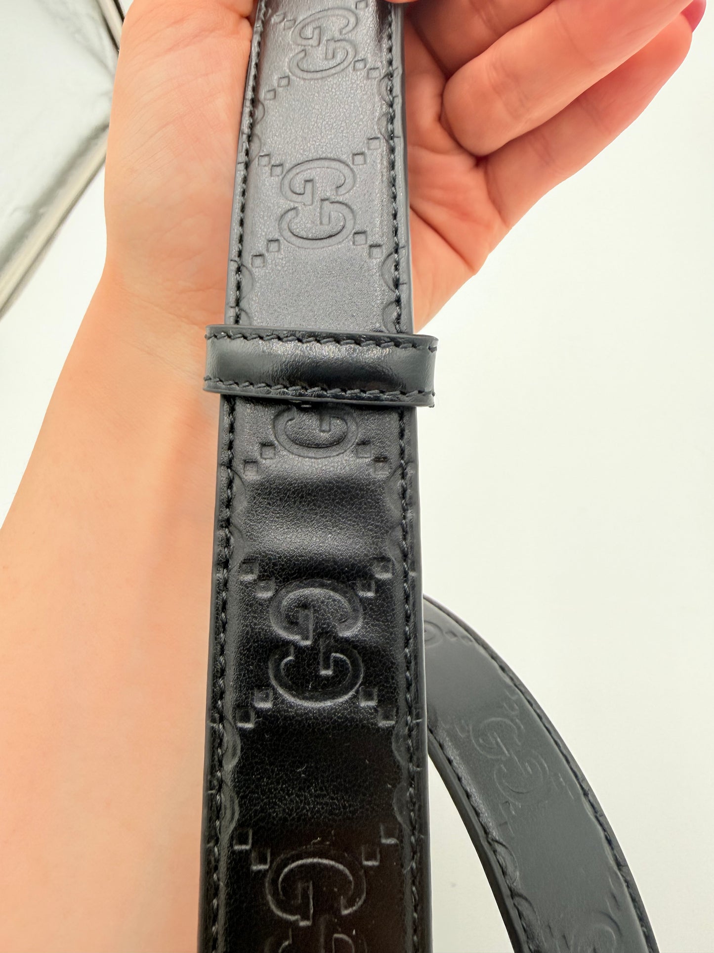 Belt Luxury Designer By Gucci In Black & Silver, Size: