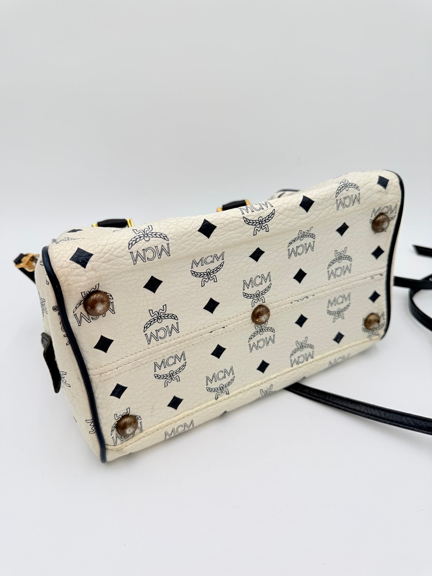 Handbag Luxury Designer By Mcm In White, Size:Medium
