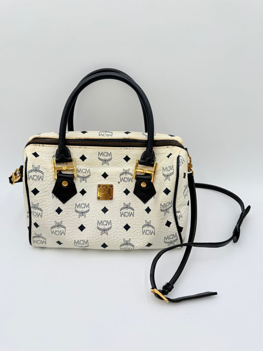 Handbag Luxury Designer By Mcm In White, Size:Medium