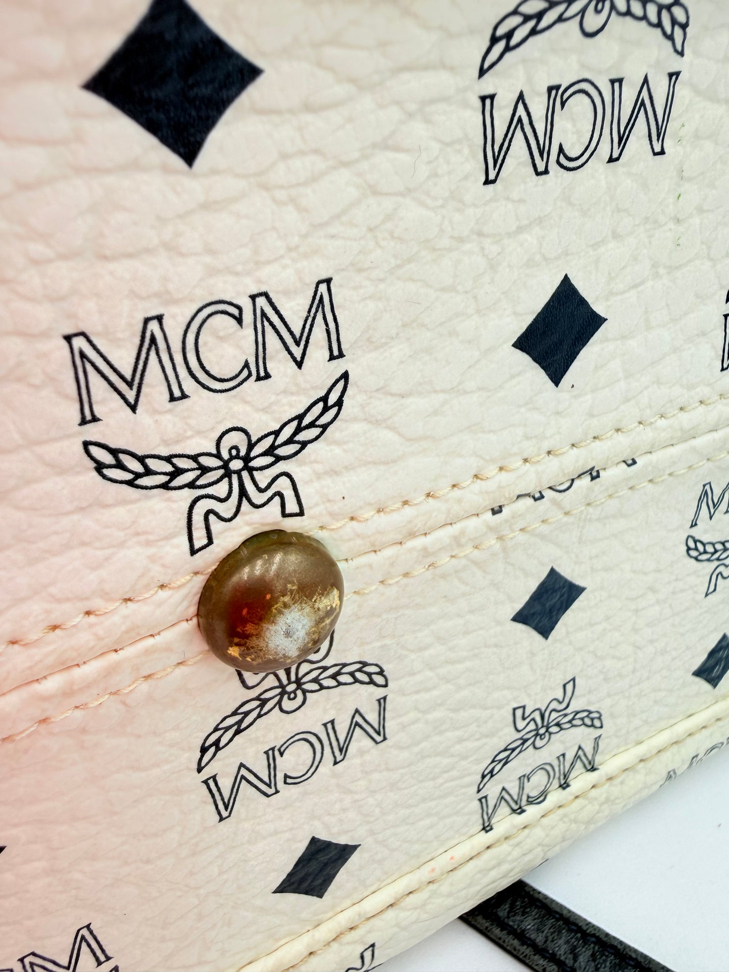 Handbag Luxury Designer By Mcm In White, Size:Medium