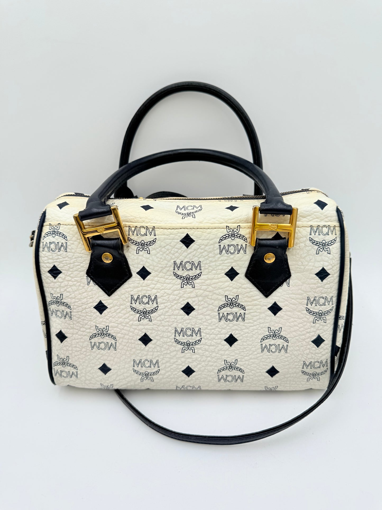 Handbag Luxury Designer By Mcm In White, Size:Medium