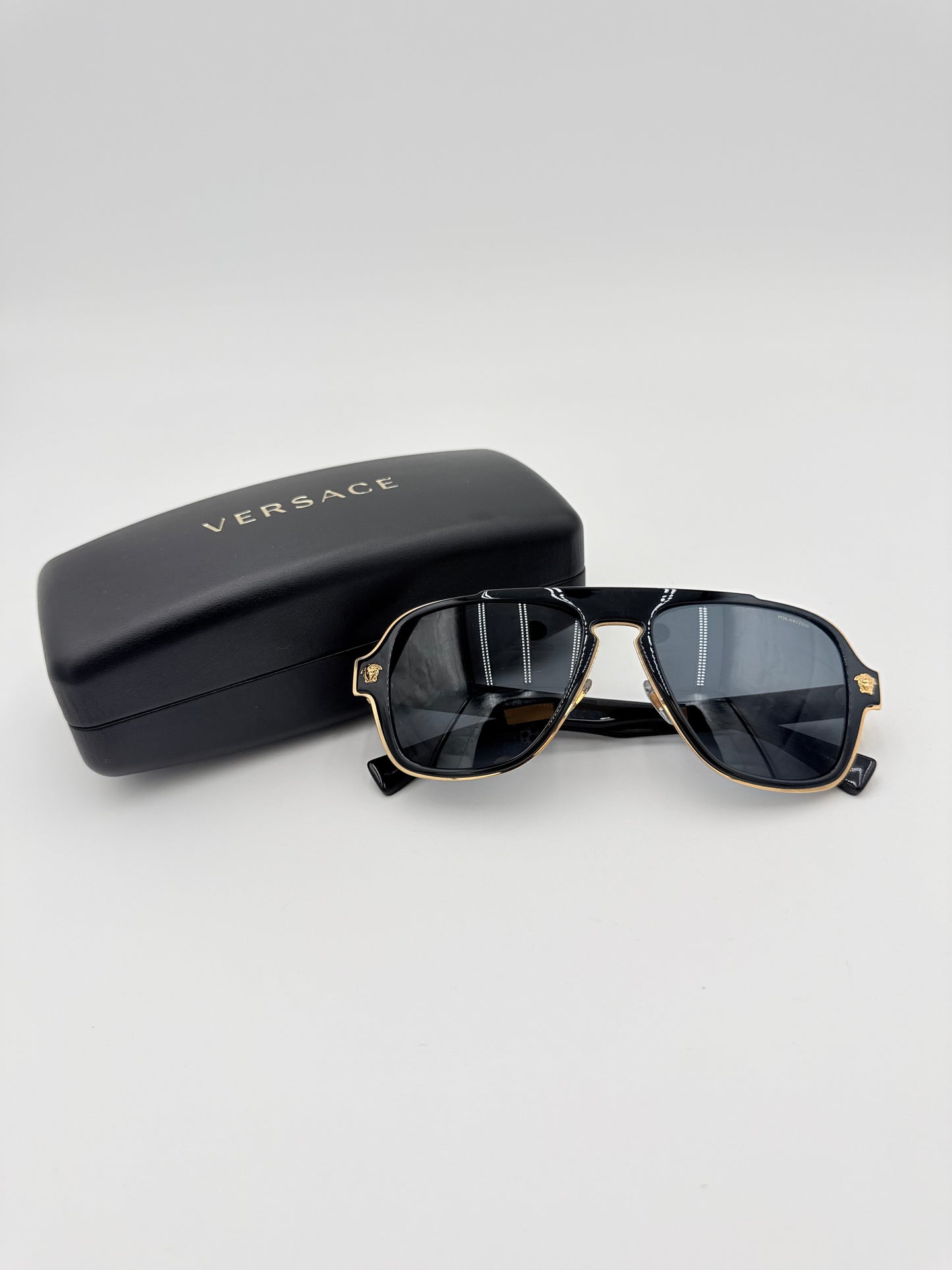 Sunglasses Luxury Designer By Versace In Black & Gold, Size: