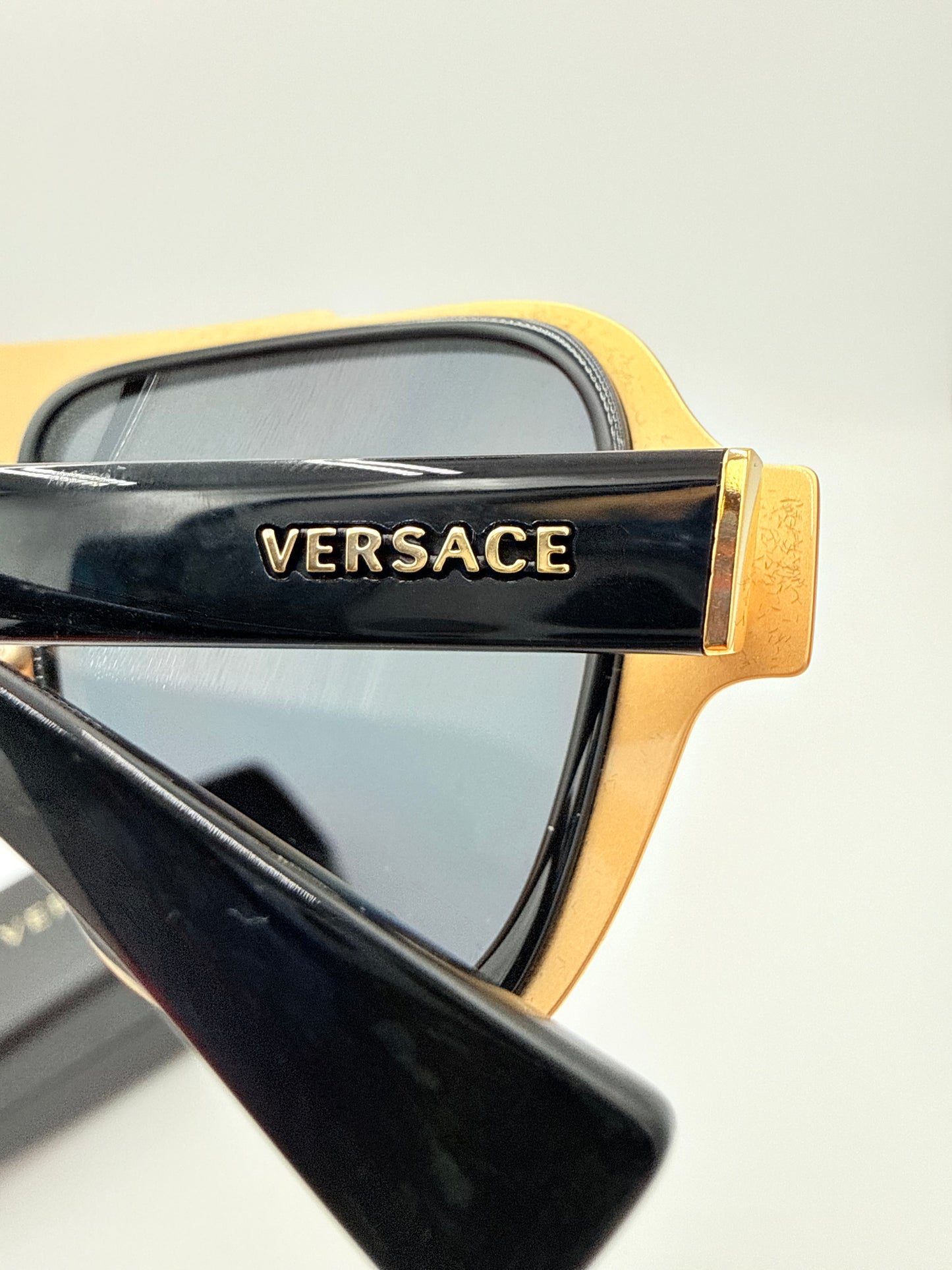 Sunglasses Luxury Designer By Versace In Black & Gold, Size:
