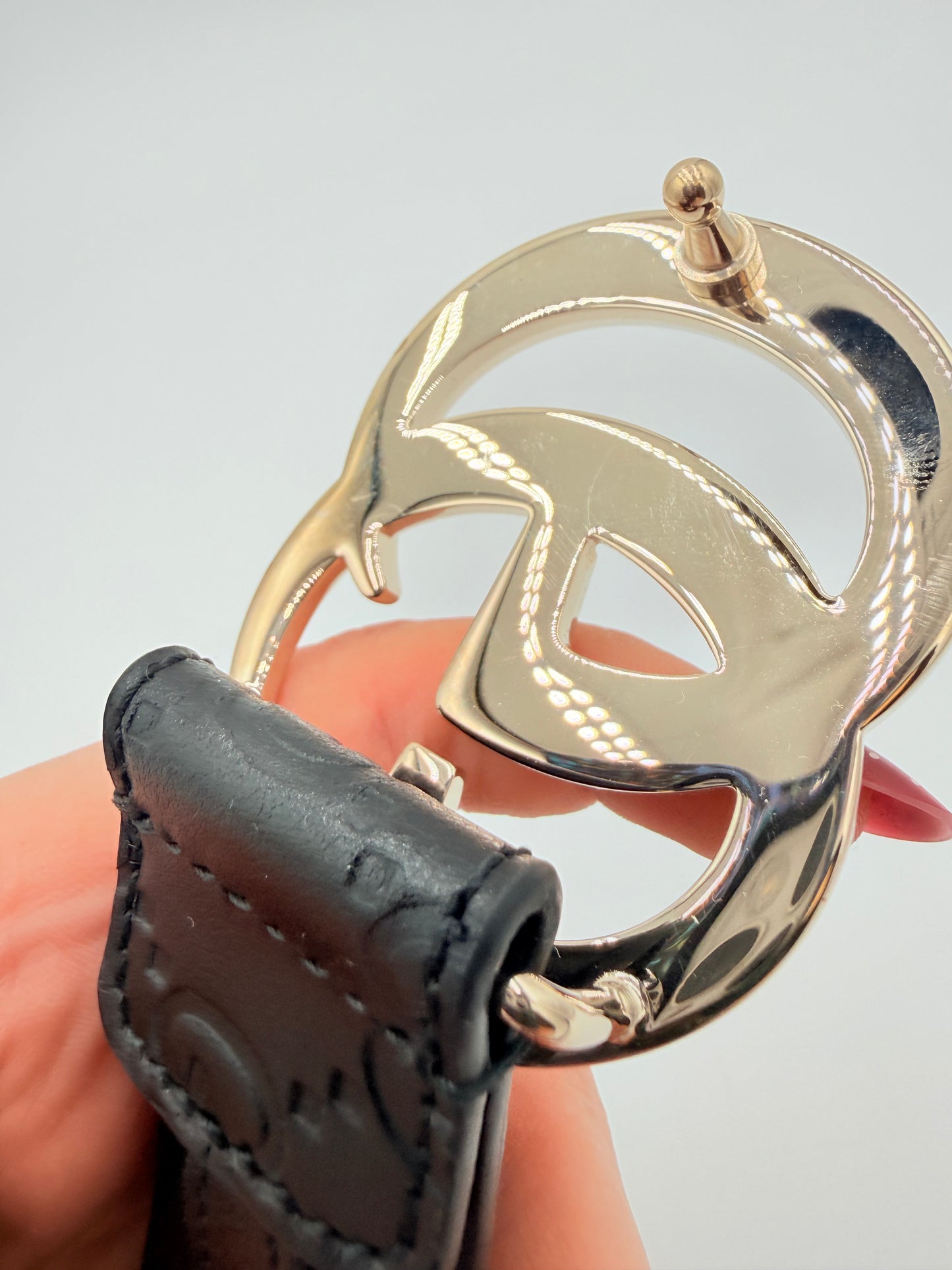 Belt Luxury Designer By Gucci In Black & Silver, Size: