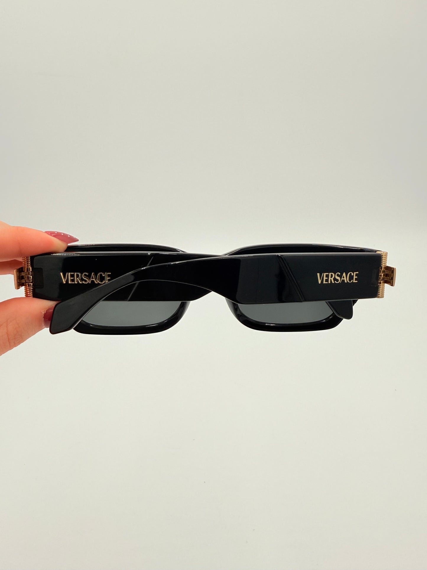 Sunglasses Luxury Designer By Versace In Black & Gold, Size: